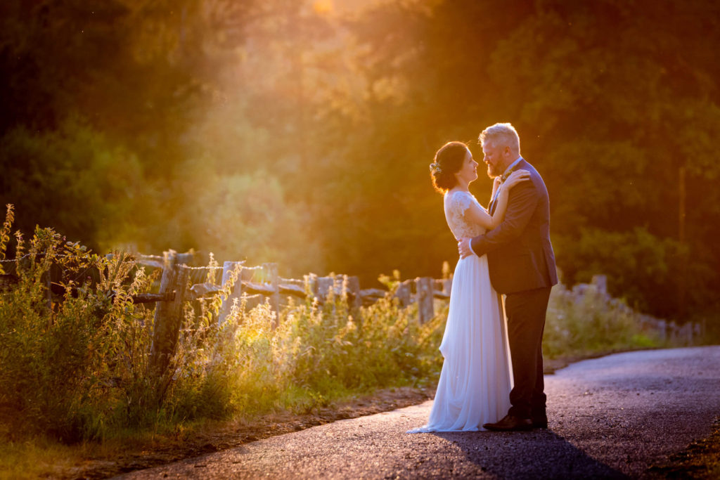 Bride and Groom at sunset at Buxted Park Hotel